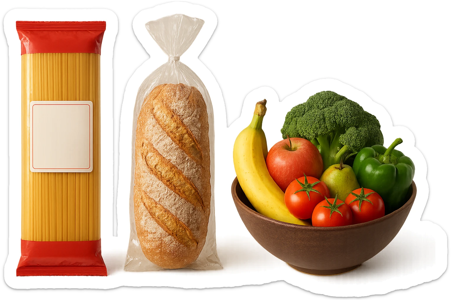pacco di pasta realistico, pacco di pane, bowl di frutta e verdura, 4k sticker