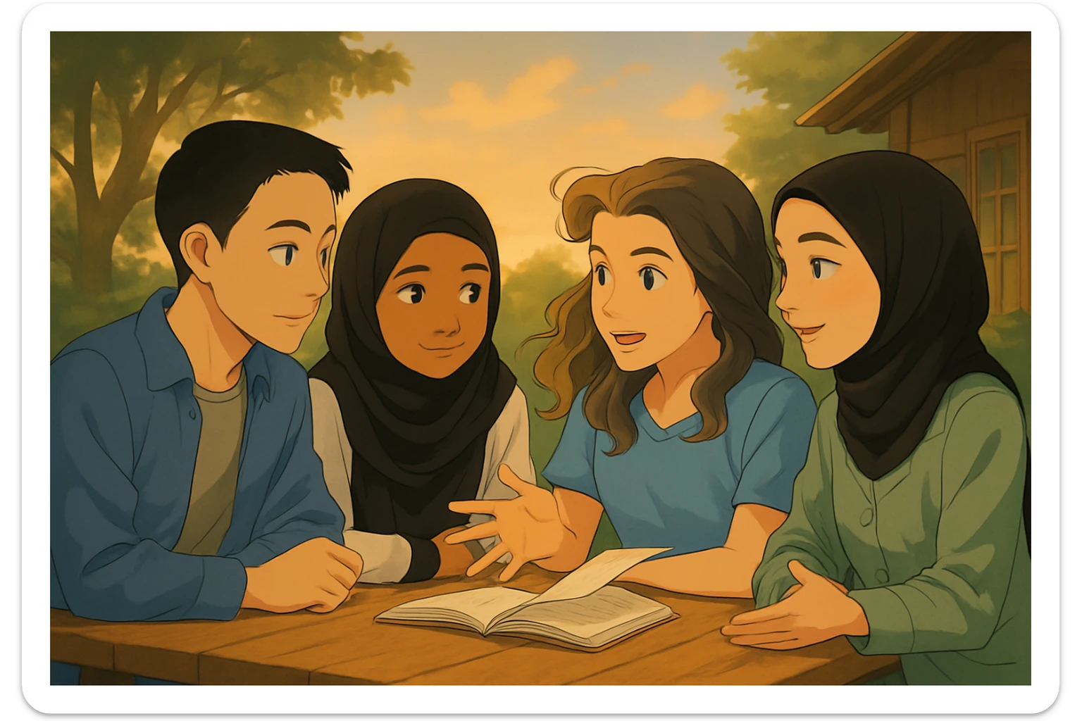 Continuation of the scene: The fourth girl (black hijab, green shirt) is speaking, the wind intensifies, hair and book pages show more movement. Faces remain identical to the original image. sticker
