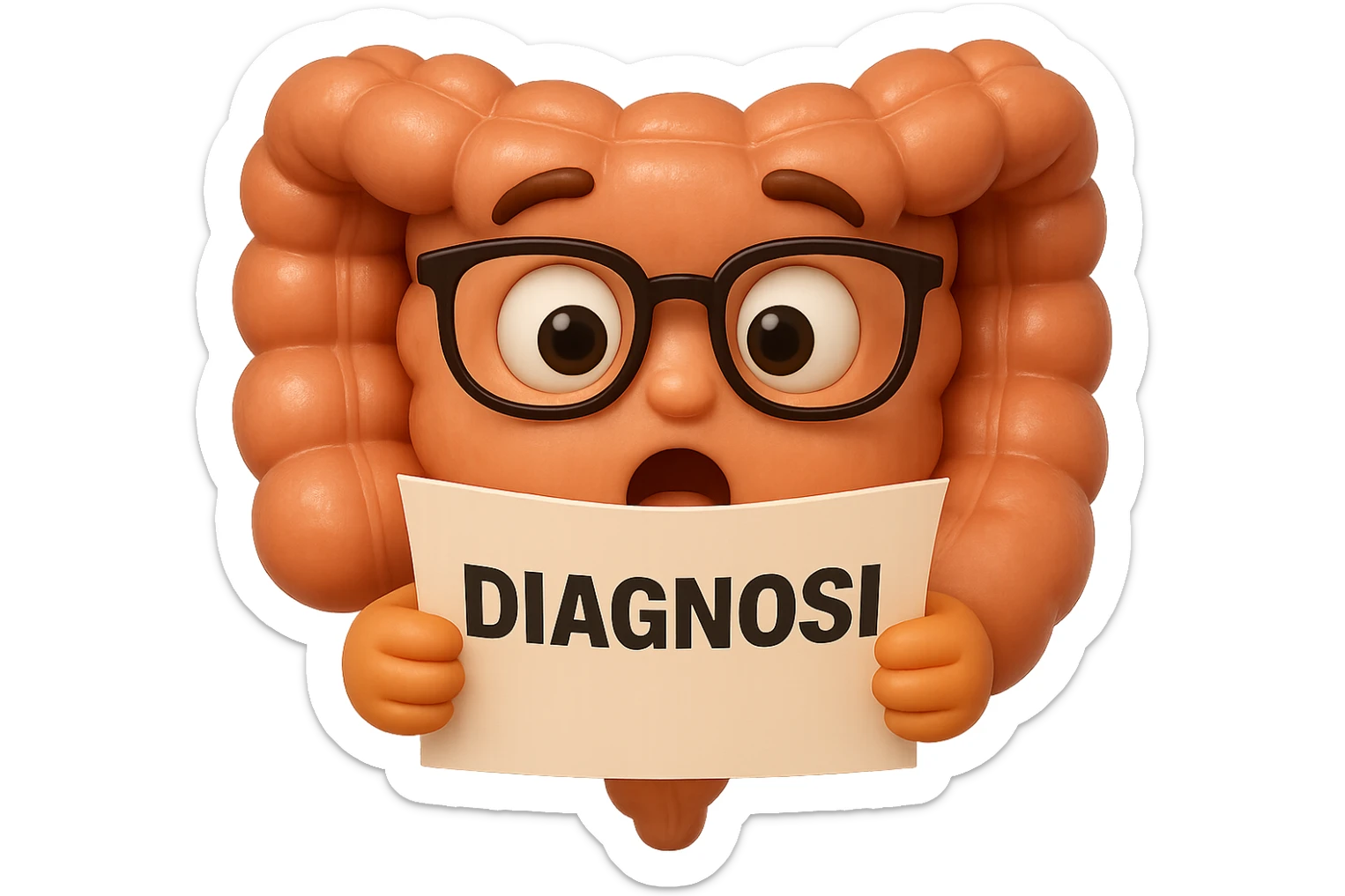 EMOJI STILE IPHONE DI UN INTESTINO CON GLI OCCHIALI CHE LEGGE UN FOGLIO CON LA SCRITTA DIAGNOSI, ESPRESSIONE STUPITA IN VOLTO, IPERREALISTICO 4K sticker