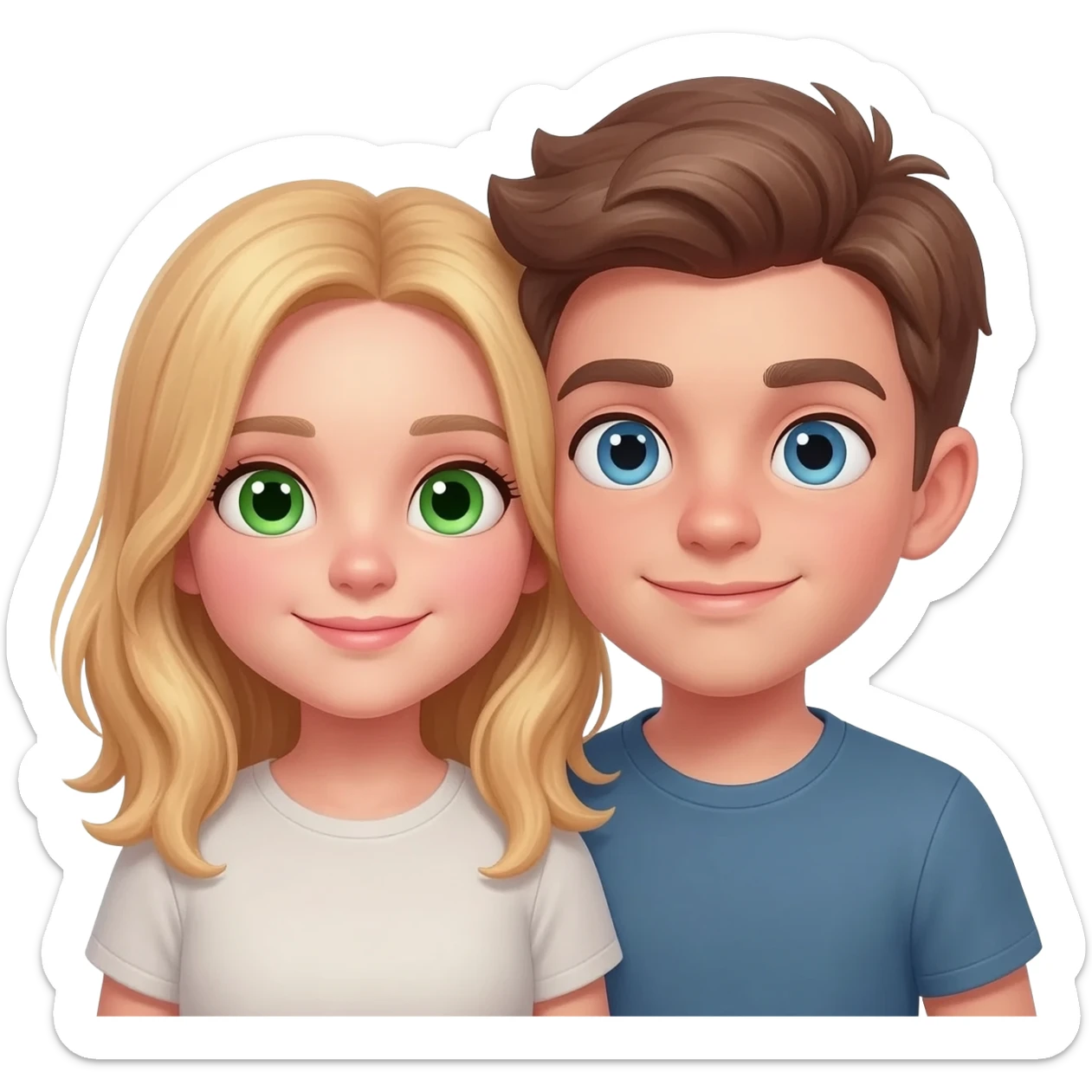 A girl with mediumblonde hair And green eyes in love with a boy with brown hair and blue hair sticker