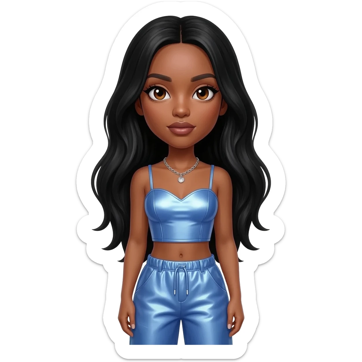 Solange with brown eyes, long black hair, periwinkle metallic sweetheart crop top, periwinkle metallic baggy pants, silver necklace sticker