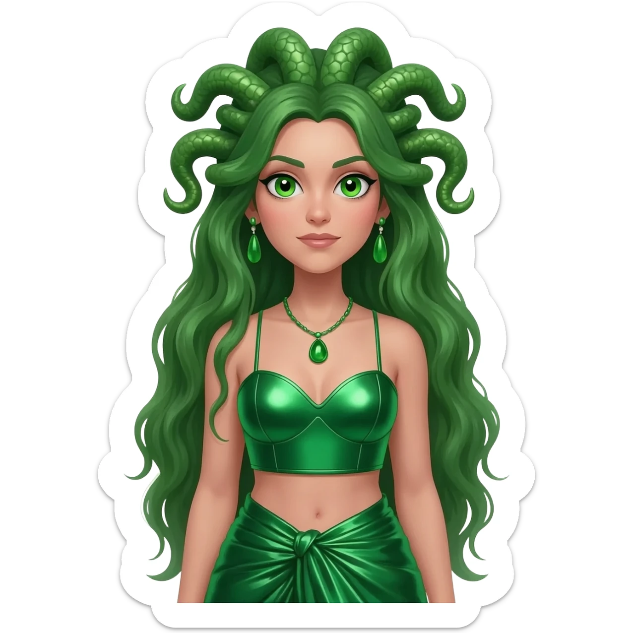 Medusa from Greek Mythology with green eyes, long green hair, green metallic sweetheart crop top, green metallic wrap long skirt, green necklace and earrings sticker