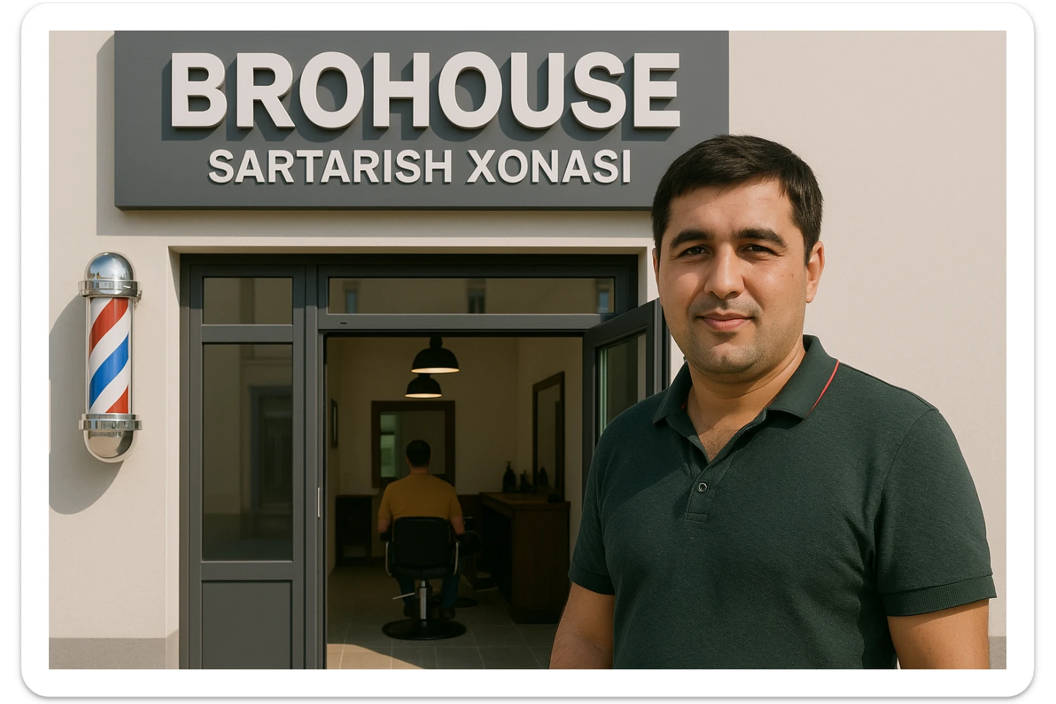 eni shu rasimga manashu odamga uxhshasin sartaosh eshik oldida tursin va tashqarida esa mijoz rasm esa 16 ga 9 bulsin 1920x1080 sticker