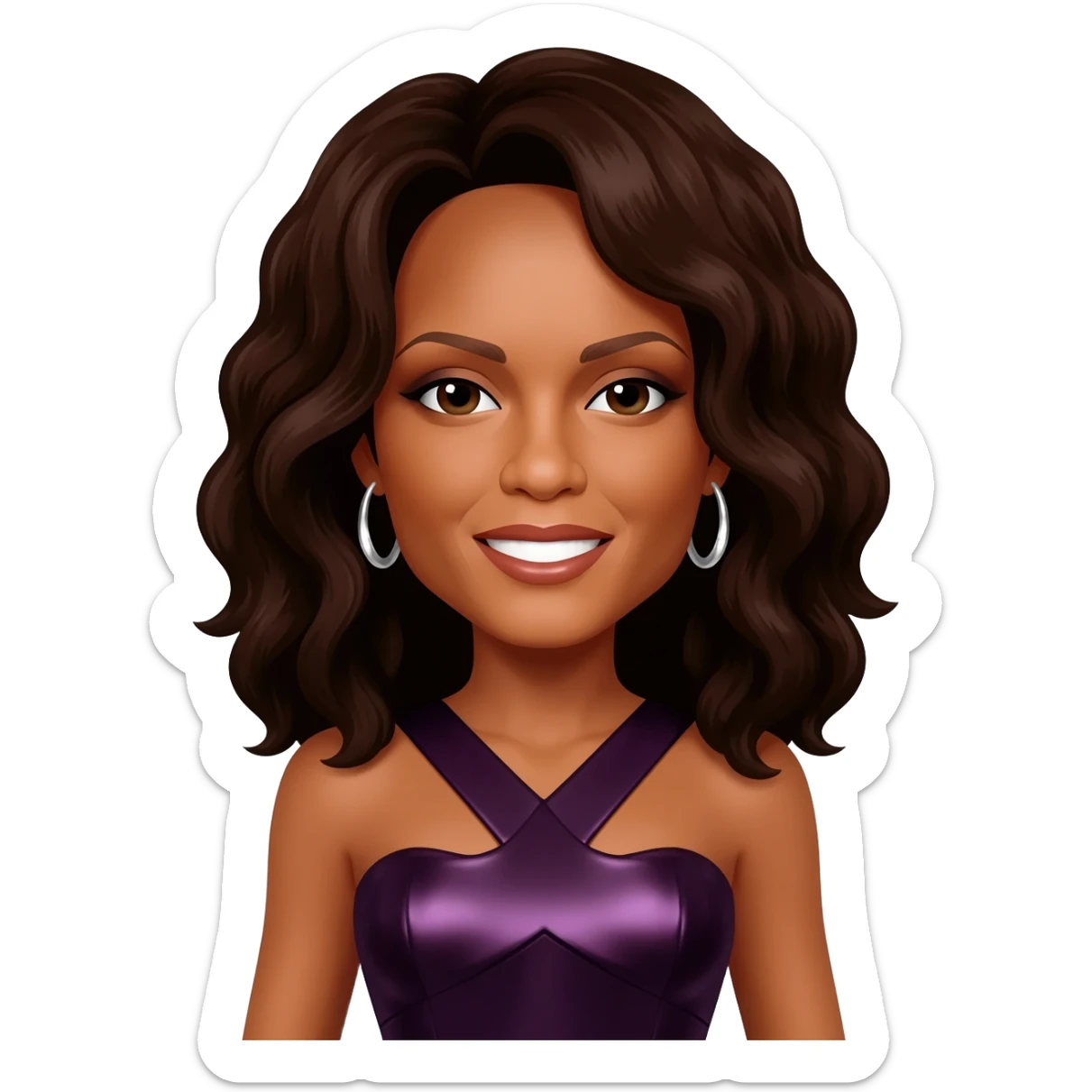 Whitney Houston with dark brown hair, dark purple metallic dress, silver earrings sticker