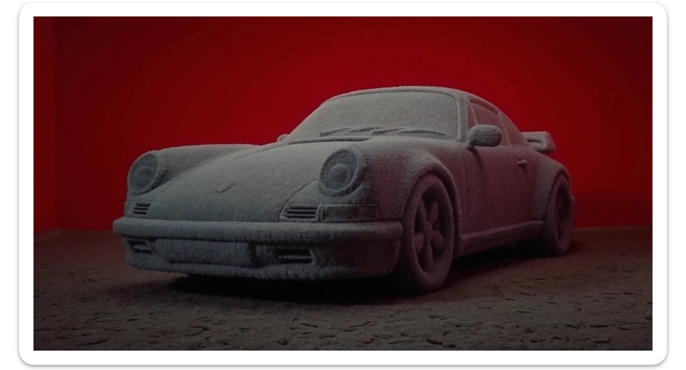 Medium shot of a porsche 911 made of carpet, red solid studio background, top soft light sticker
