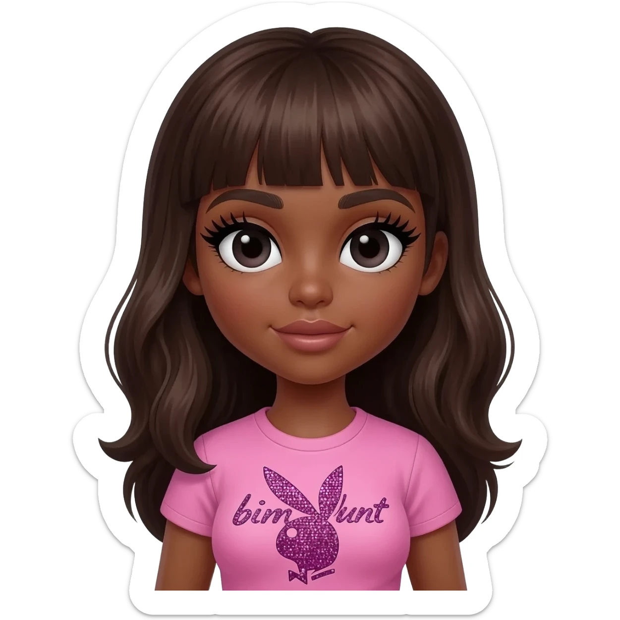 doll body , dark brown eyebrows, dark skin girl,Long giant lashes, bimbo, black doll eyes, barbie, dark brown skin, with dark brown hair, big breast, pink 2000s t shirt says on the sparkling text “bimbo blunt” on playboy logo sticker