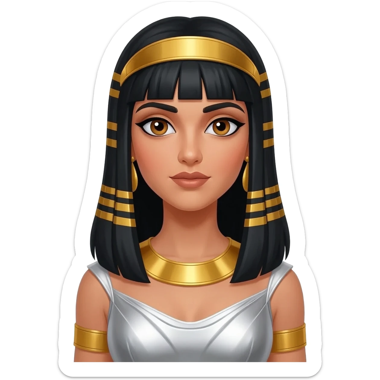 Cleopatra from Rome Mythology with hazel eyes, long black hair, white metallic sheath dress, gold collar and earrings, gold diadem sticker
