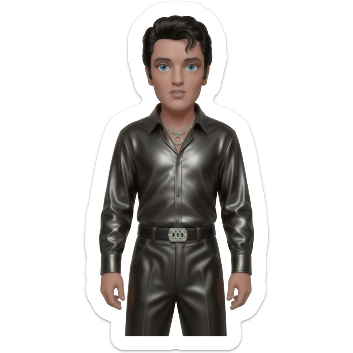 Elvis Presley with blue eyes, black hair, black metallic shirt, black metallic baggy pants, silver necklace sticker