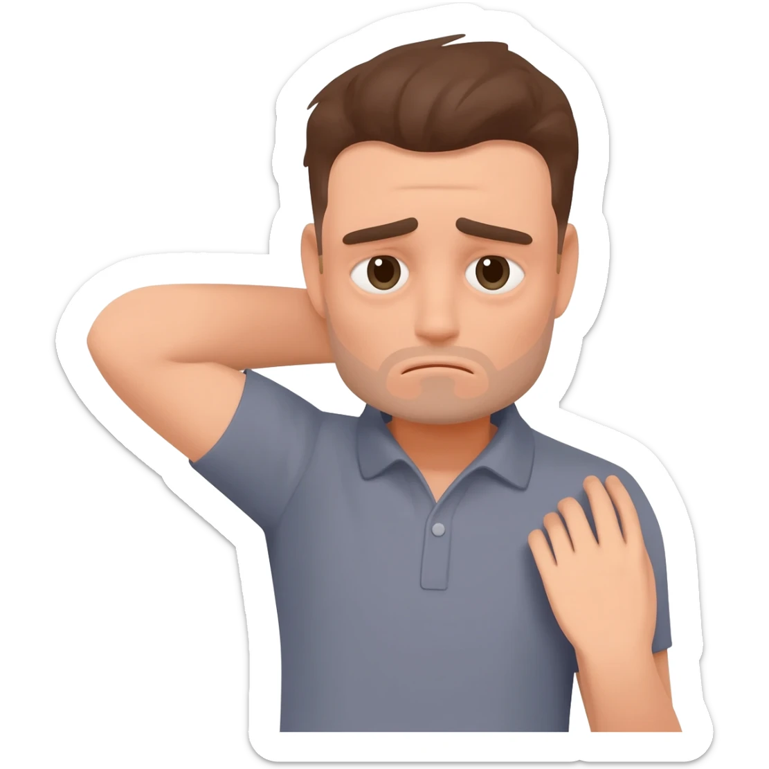 A man who is depressed with his left arm draped over his head so the inside of his left elbow is on his head and his left hand is touching his right shoulder sticker