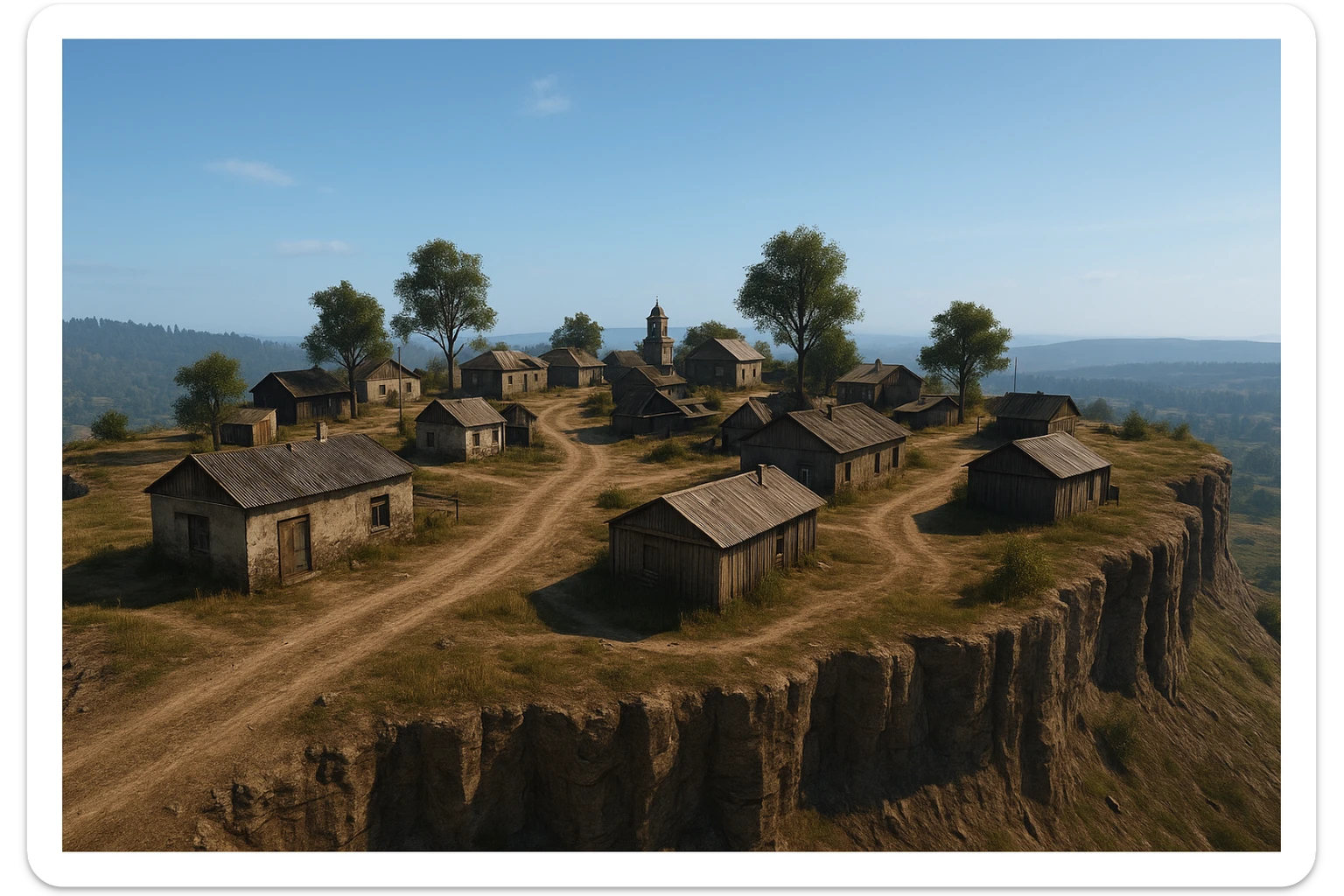 A small hilltop mesa city in the videogame dayz, screenshoot  sticker