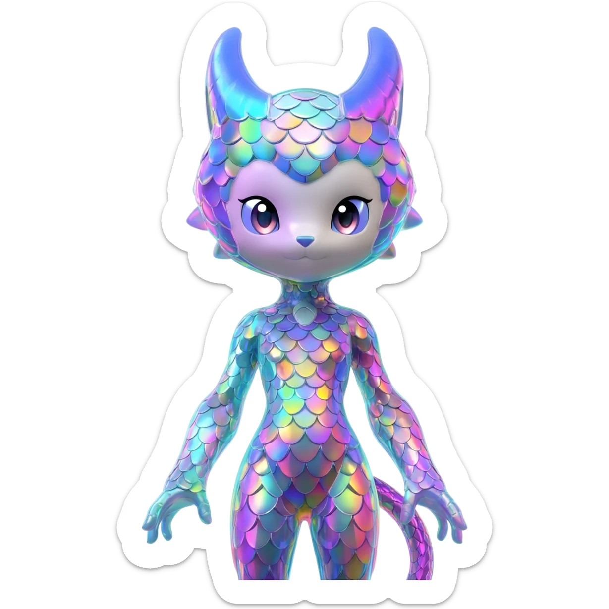 Colorful scaly flurry iridescent shiny bioluminescent translucent luminescent neon pastel bright pale Latias-Sergal-Vernid-Silvally-Renamon-Zeraora-Bastet-Fakémon-hybrid-fusion-creature, full body sticker