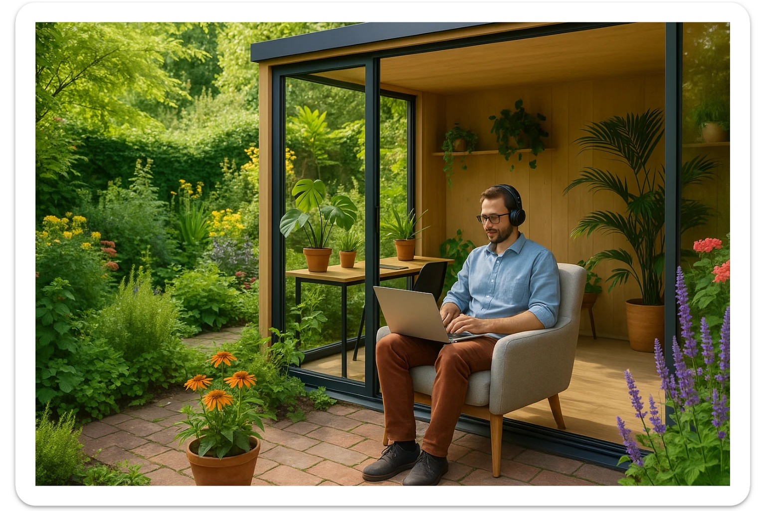 Home office in garden with a person using laptop and headphones, relaxed atmosphere, lots of greenery, modern design sticker