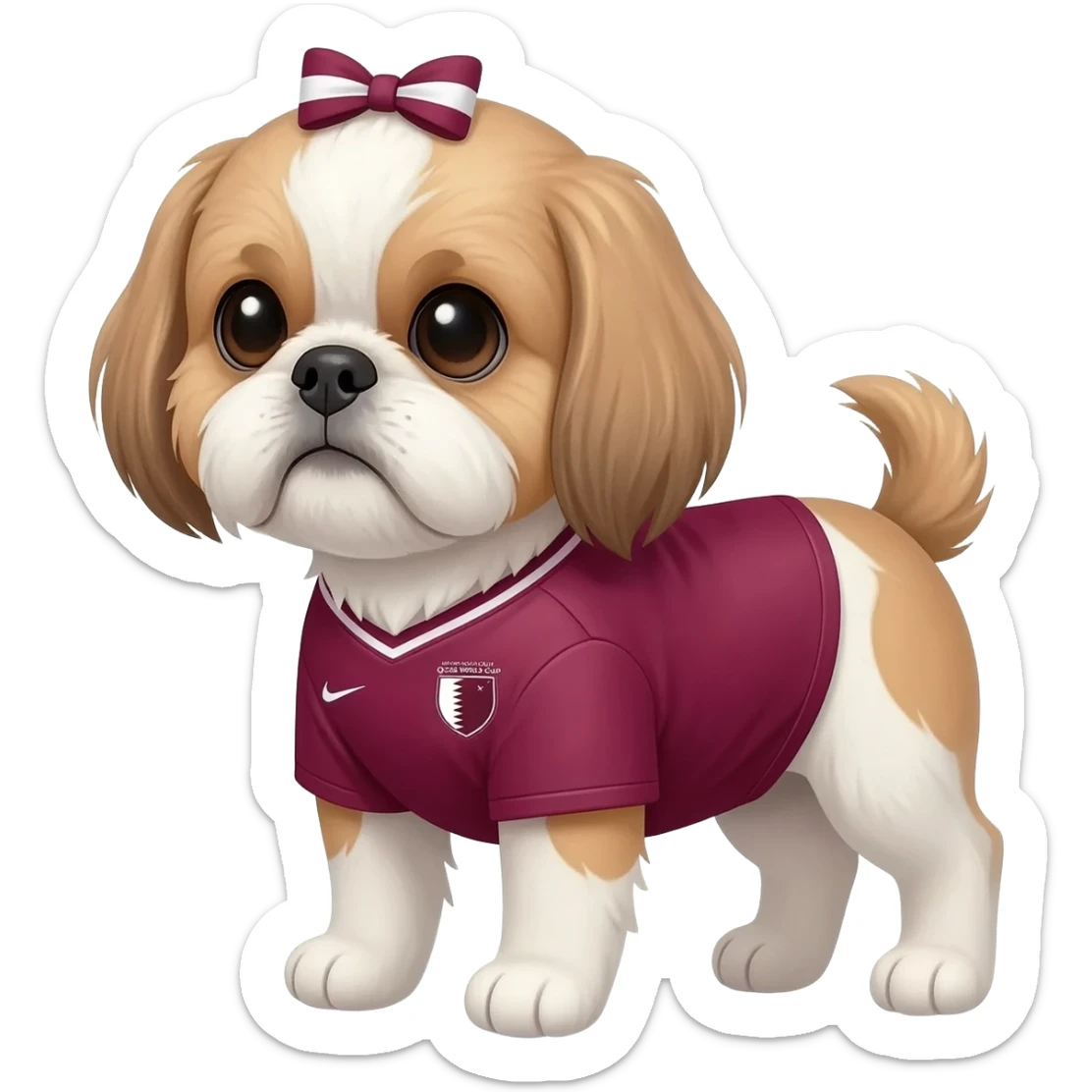 white and light brown shih zhu wearing a Qatar soccer jersey v neck 2026 work cup sticker