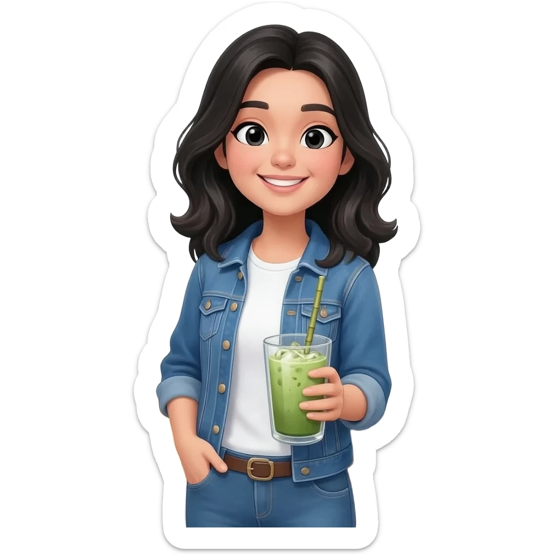 white girl in black layered hair with iced matcha sticker