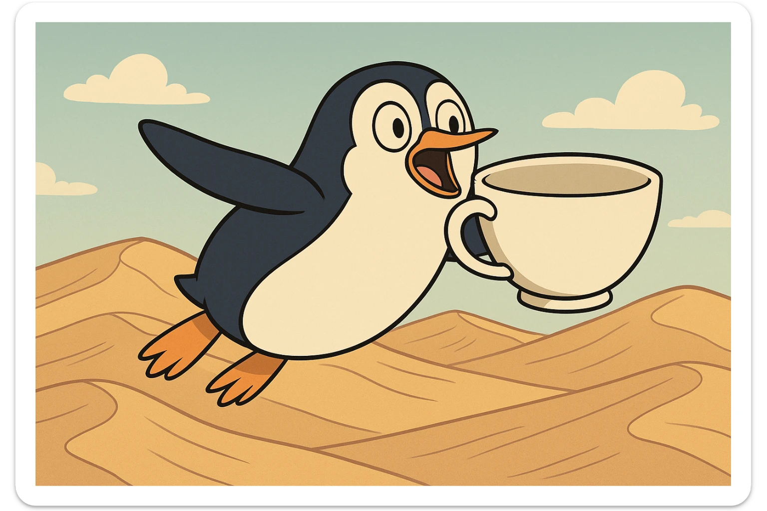 A penguin soaring above sand dunes with a giant teacup, cartoon style sticker