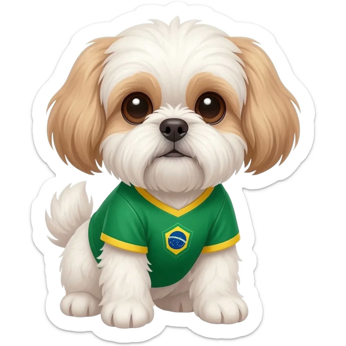 white and light brown shih zhu wearing a Brazil soccer jersey v neck 2026 work cup sticker