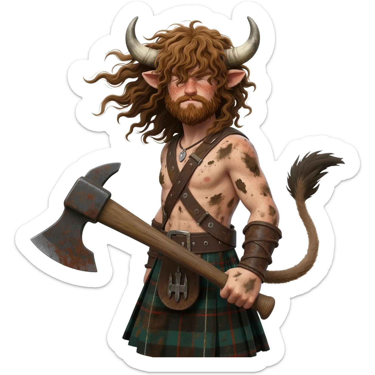 buff curly hairy man covered in dirt with freckles with messy light brown bangs that covers his face completely with bull horns and bull ears and bull tail dressed in kilt holding an axe with wind in his hair with belt around his chest sticker