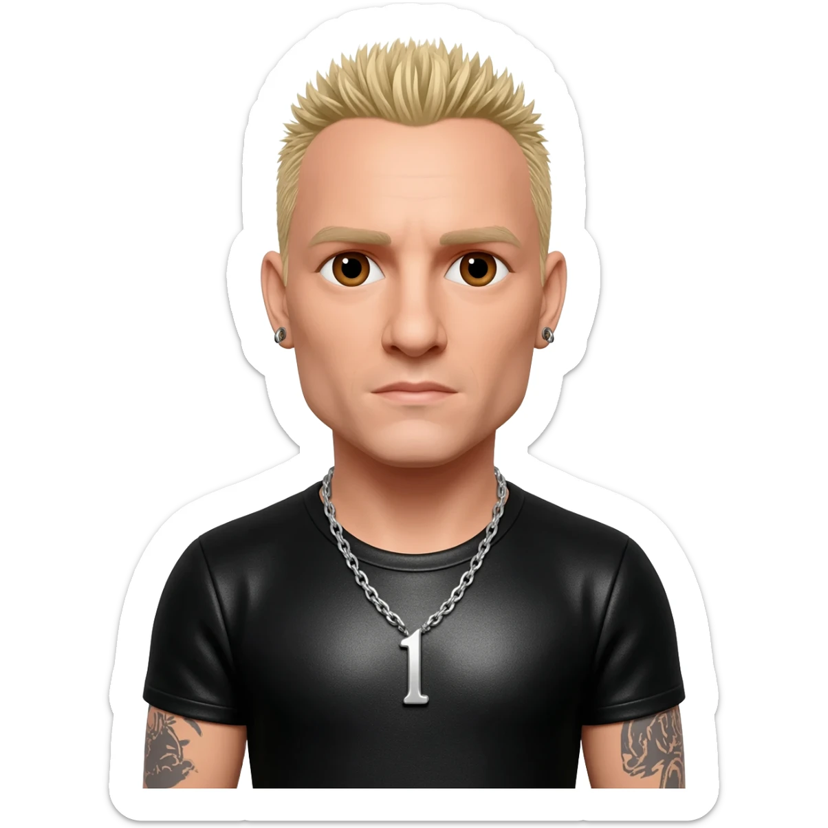 Chester Bennington with brown eyes, blonde hair, black metallic t-shirt, silver necklace sticker