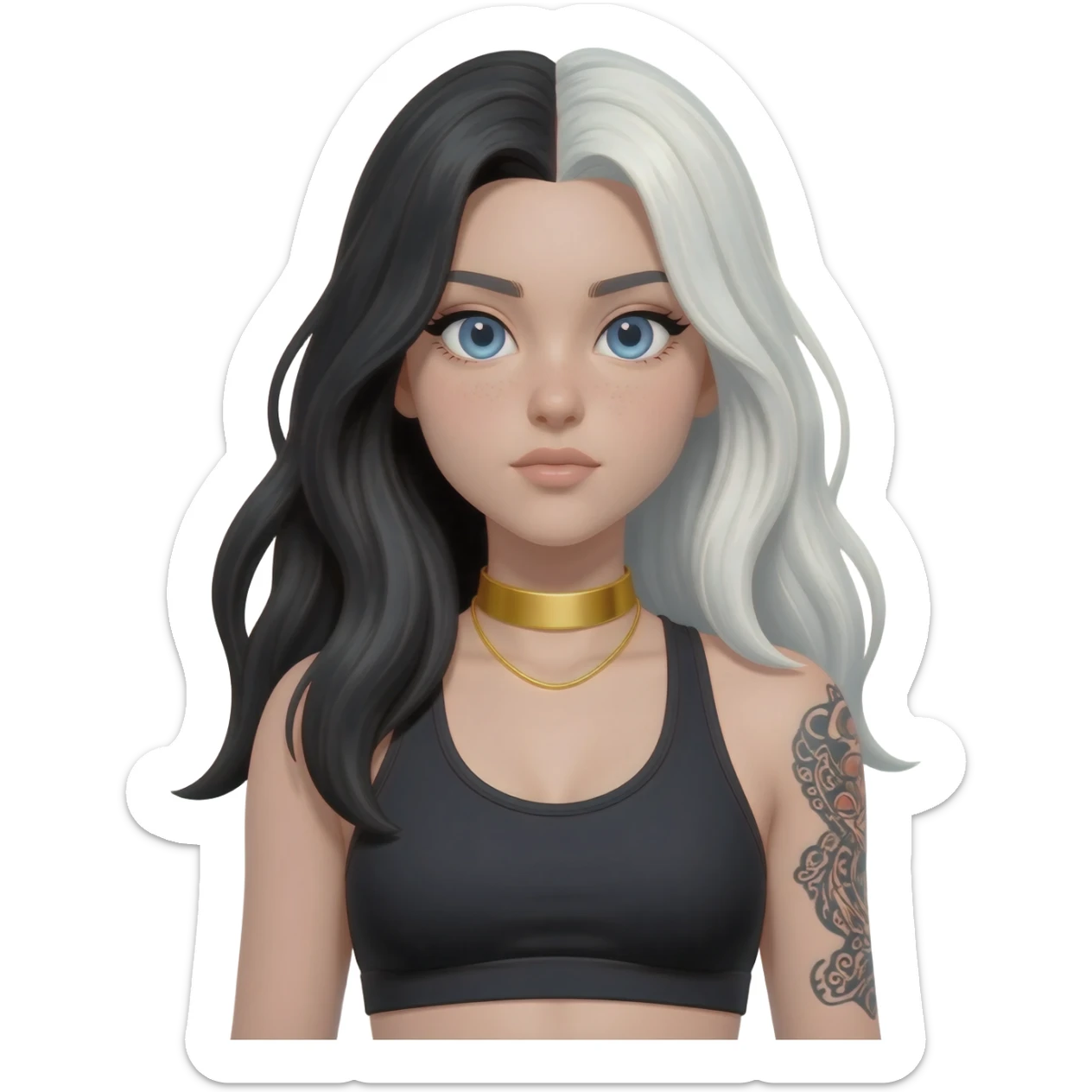 Emoji with blue eyes girl with long black and white hair wearing a gold choker neckless wearing black sports bra tattoo on right arm sticker