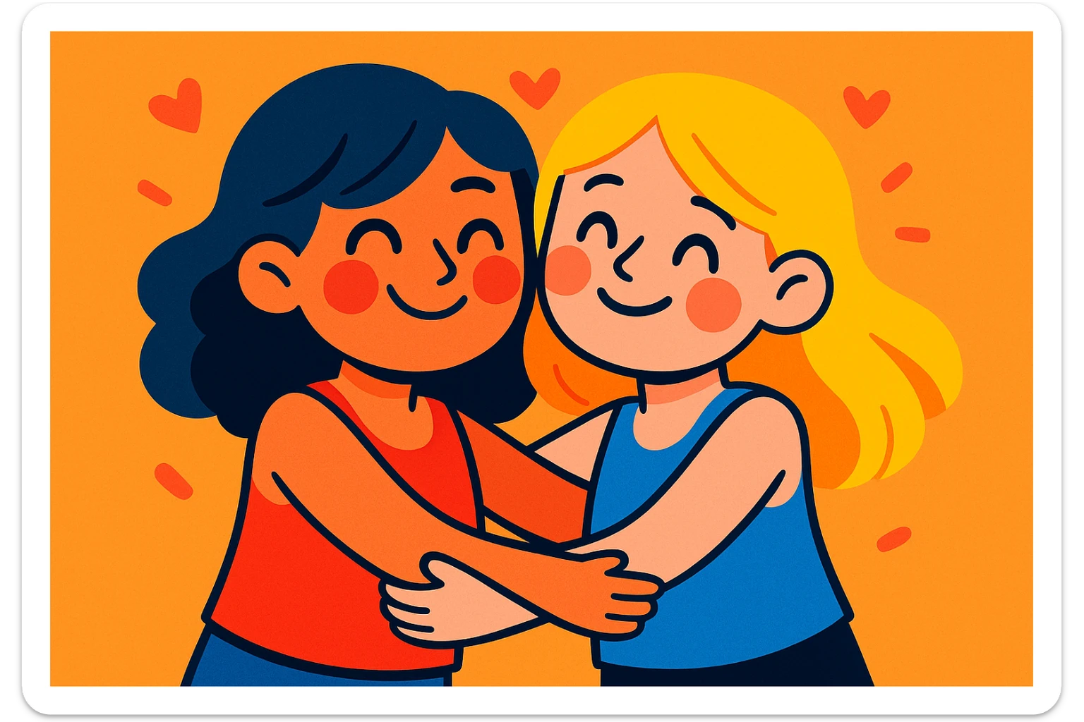 girls in tank tops hugging, friendship, cute and colorful cartoon style illustration sticker