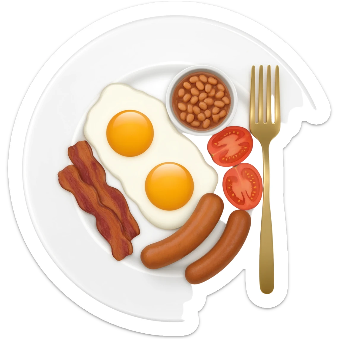English breakfast full English breakfast with two eggs, bacon, sausage, beans, toast, and tomato оn a beautiful white plate with a gold fork sticker