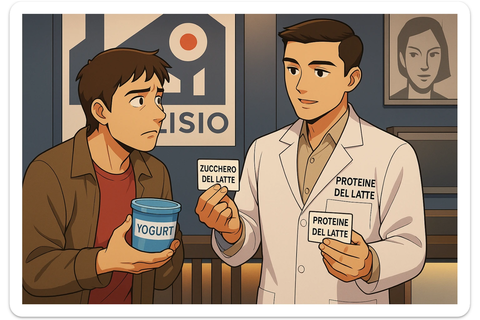 fai un webtoon manga a colori con questo stile, in cui un uomo ASCOLTA Il kinesiologo con il camice bianco (fagli anche la scritta "ANTONIO ANANIA" SUL CAMICE, IL KINESIOLOGO SPIEGA ALL'UOMO UNA COSA TENENDO DUE FOGLIETTINI IN MANO, UNO CON LA SCRITTA "ZUCCHERO DEL LATTE" E UNA CON LA SCRITTA "PROTEINE DEL LATTE". L'UOMO OSSERVA LO YOGURT CHE HA IN MANO CON ESPRESSIONE DUBBIOSA IN VOLTO. non fare i fumetti però, fai solo in modo che sembri stiano parlando sticker