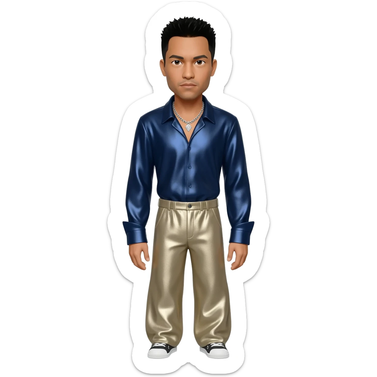 Chino Moreno with black hair, navy blue metallic shirt, beige metallic baggy pants, silver necklace sticker