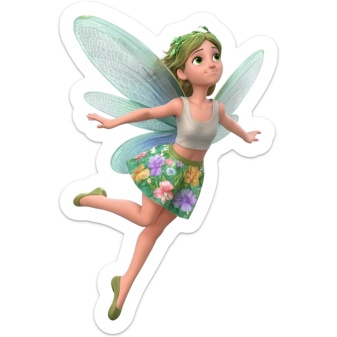 A flower fairy girl with wings like a dragonfly's, wearing a short skirt, one leg straight and the other bent, her body tilted, in a flying pose. sticker