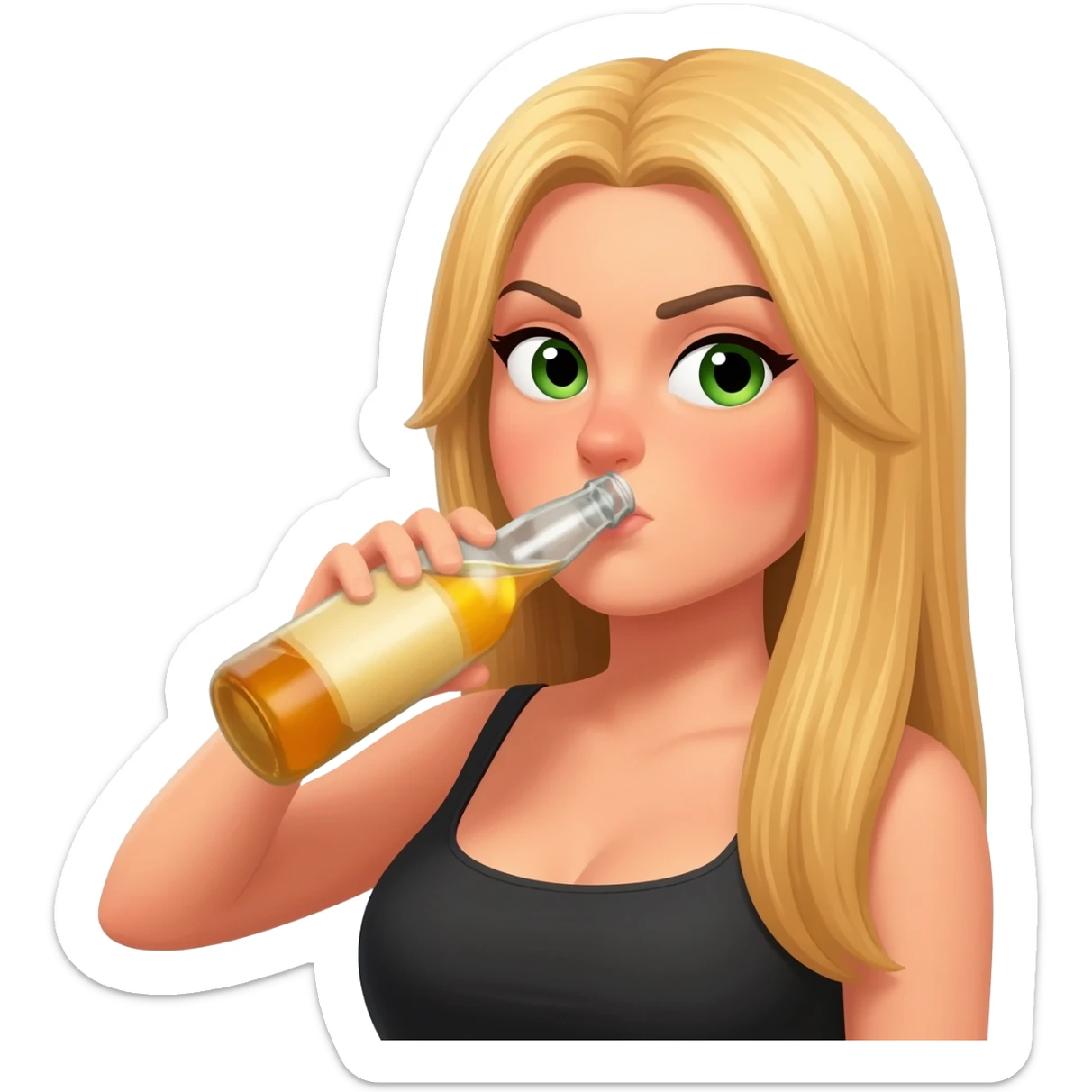 She looked like a top model, with long blonde hair and green eyes. She is being drunk by holding a bottle and rude sticker