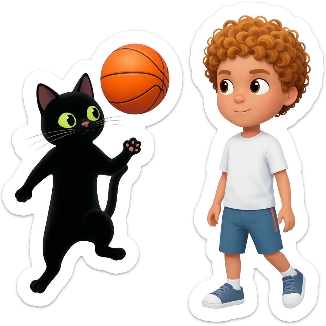 Black cat playing with orange basketball and a little white boy with curly hair sticker