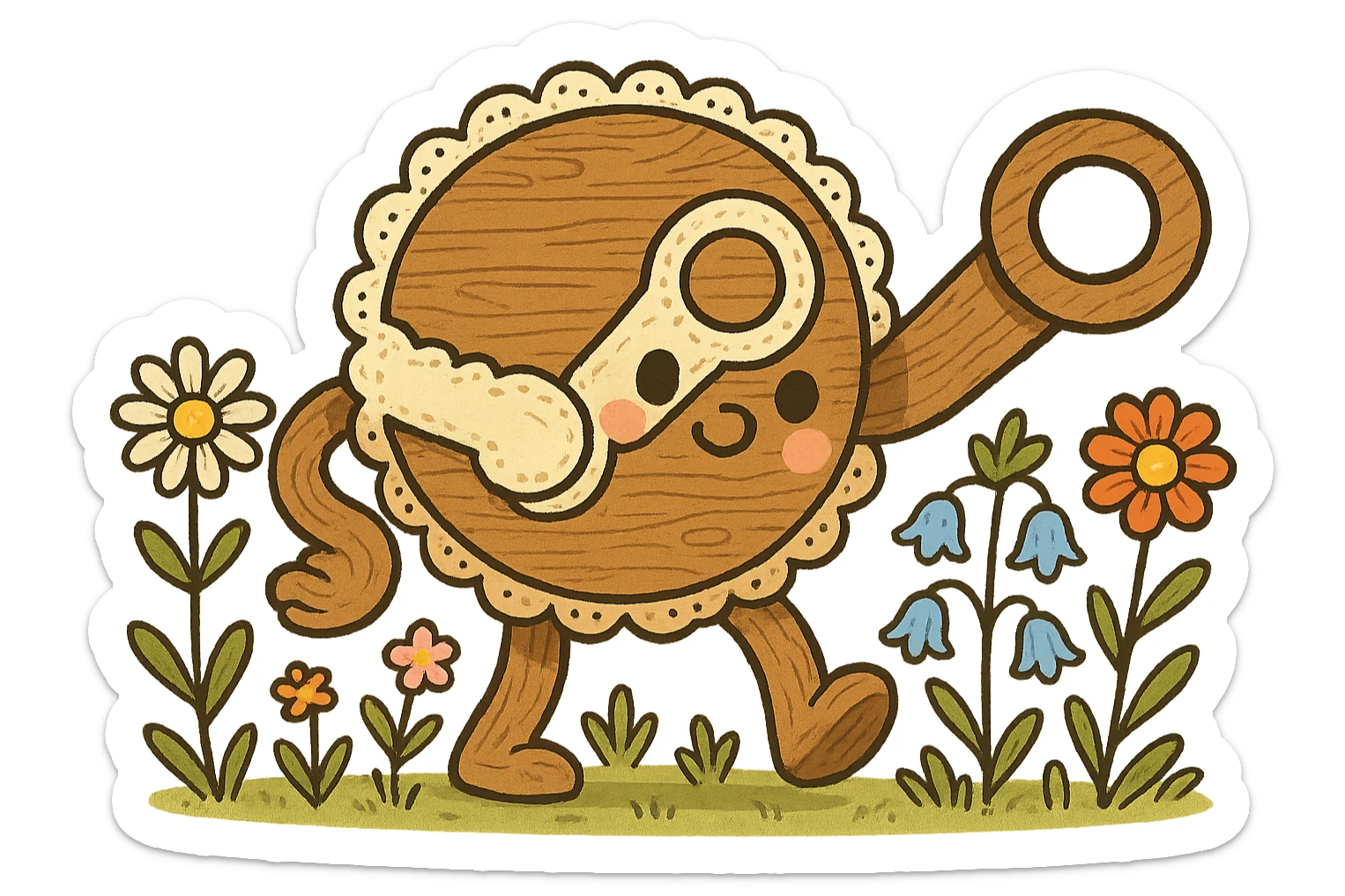 whimsical cartoon Steam logo in cottagecore style, arms and circles made of chunky wood, oversized lace, cartoon wildflowers, cute friendly look, no text sticker