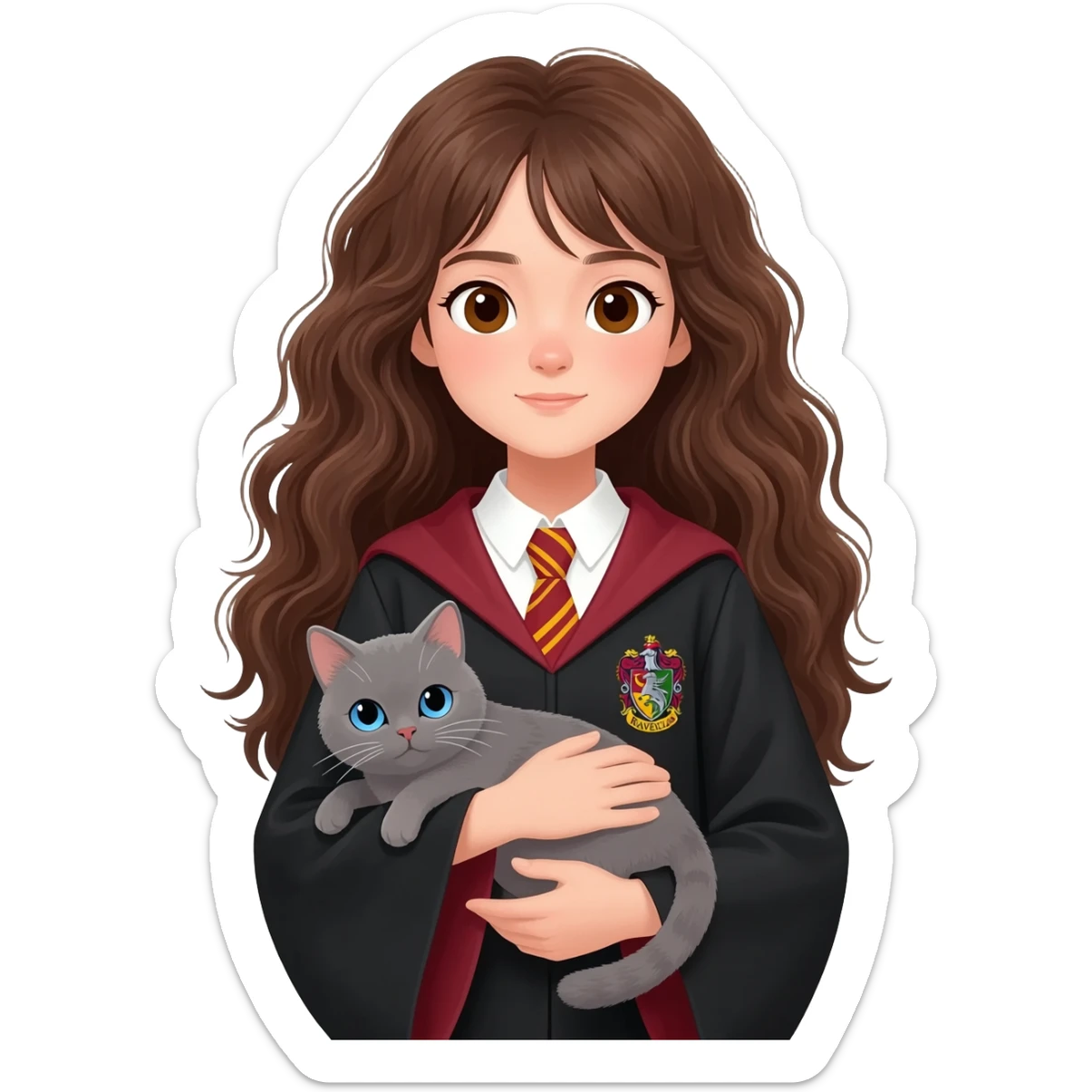 Asian girl with long messy wavy brown hair and brown eyes wearing Ravenclaw robe, holding a gray cat with blue eyes in hands sticker
