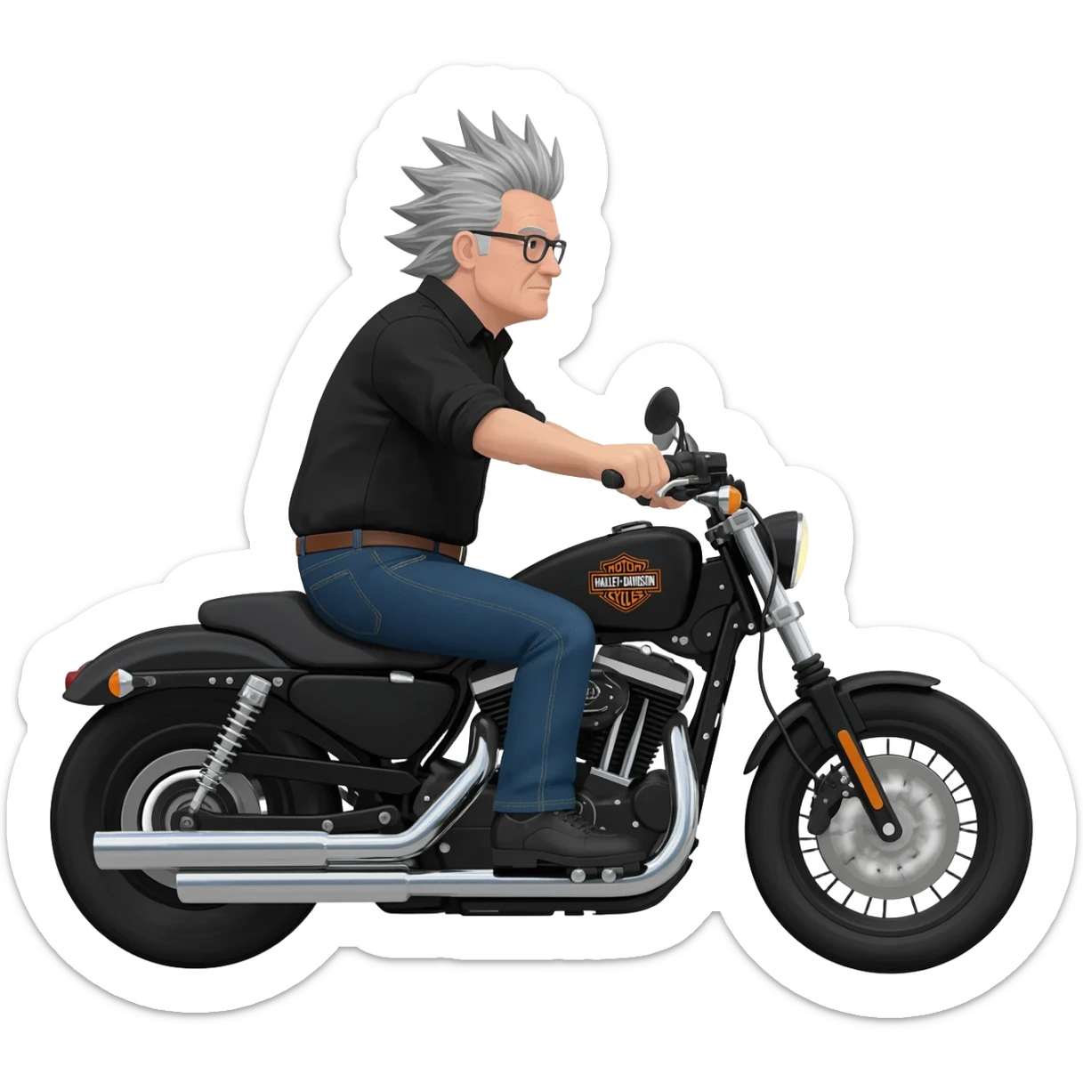 Black and gray haired white middle aged man riding Harley Davidson in black shirt and jeans no glasses spiky hair sticker