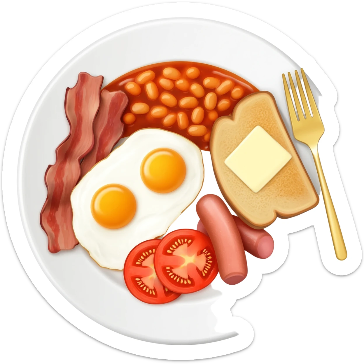 English breakfast full English breakfast with eggs, bacon, sausage, beans, toast, and tomato оn a beautiful white plate with a gold fork sticker