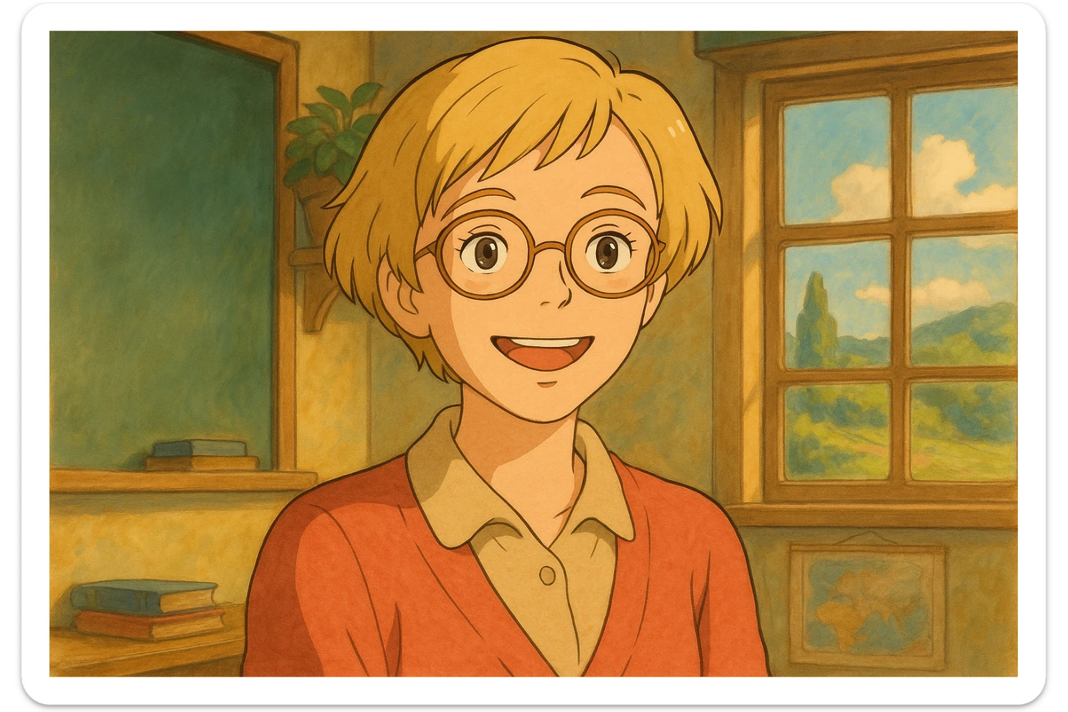 Retrato de profesora rubia, pelo corto, gafas redondas, muy sonriente, estilo ghibli sticker