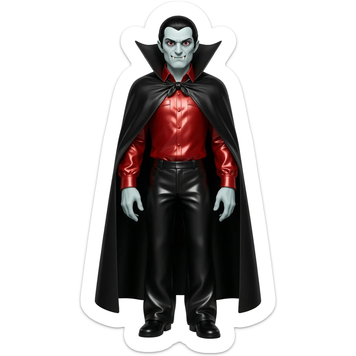 Count Dracula from Universal Monsters with black hair with white streaks, red metallic shirt, black metallic baggy pants, black metallic long cape sticker