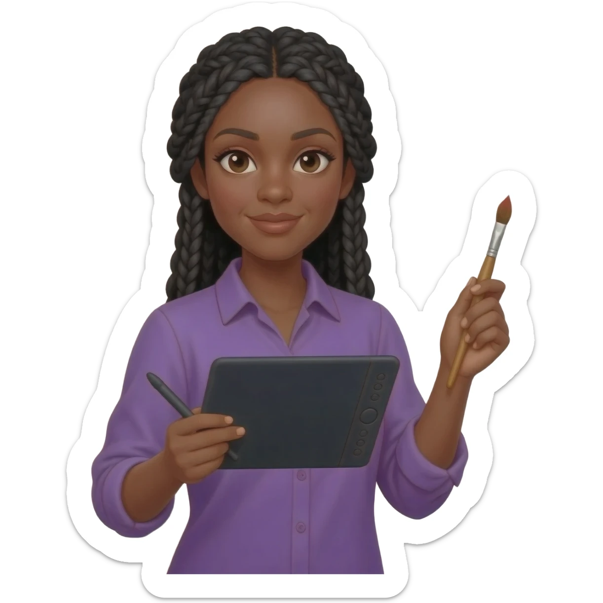 Emoji représentant une femme à la peau marron avec de longues braids noires et portant une belle chemise violette, tenant une tablette graphique dans une main et un pinceau dans l’autre sticker