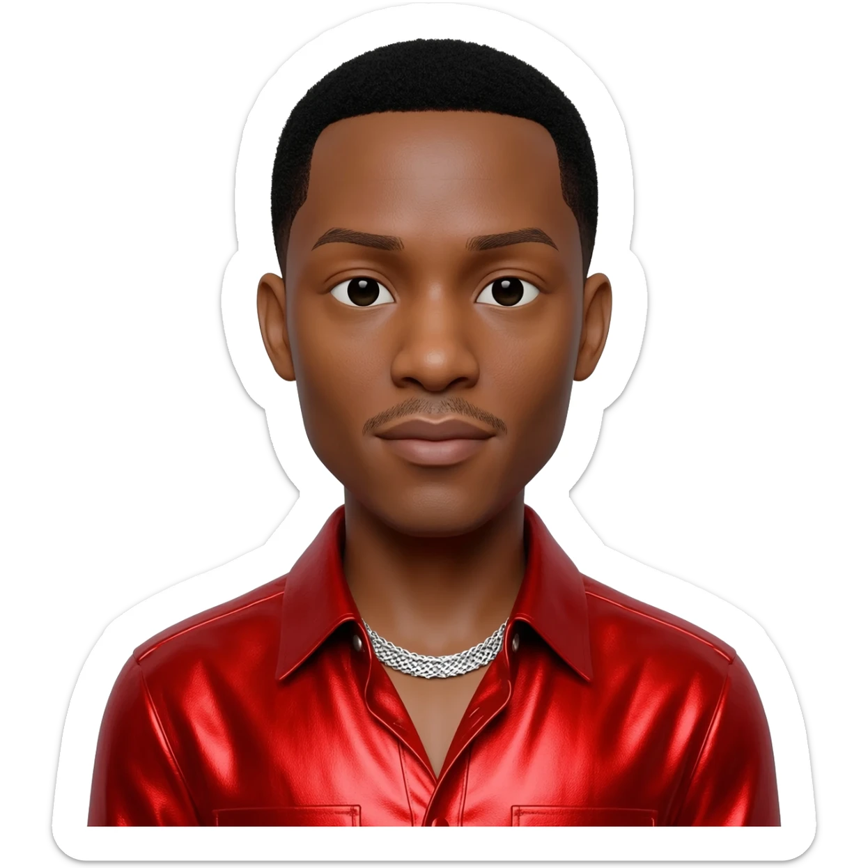 Ginuwine with black short hair, red metallic shirt, silver necklace sticker