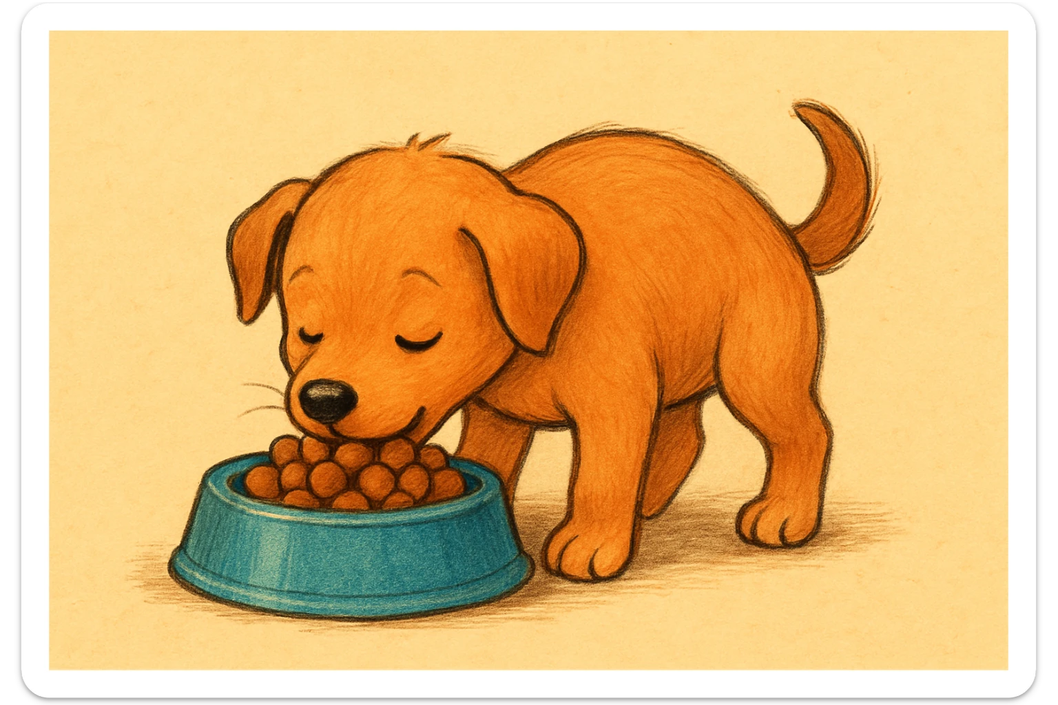 Make the dog a cute puppy eating dog food, keep the same style as the original image. sticker