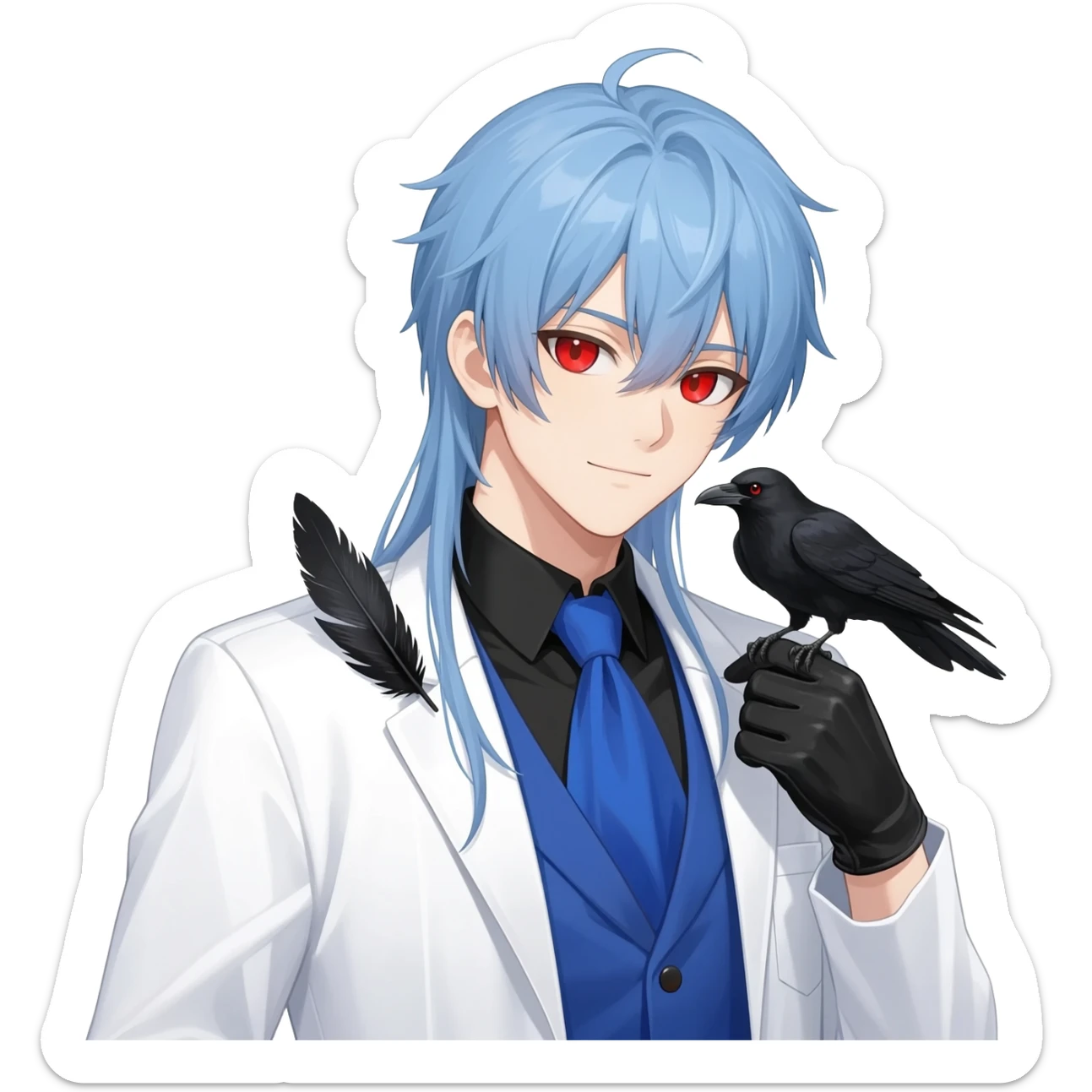 Alchemist handsome anime man with light-blue beautiful hair, handsome sexy, long hair tendril bangs down on the sides, white lab coat, blue cravat, black feathers on shoulder, raven companion, black gloves, red eyes sticker