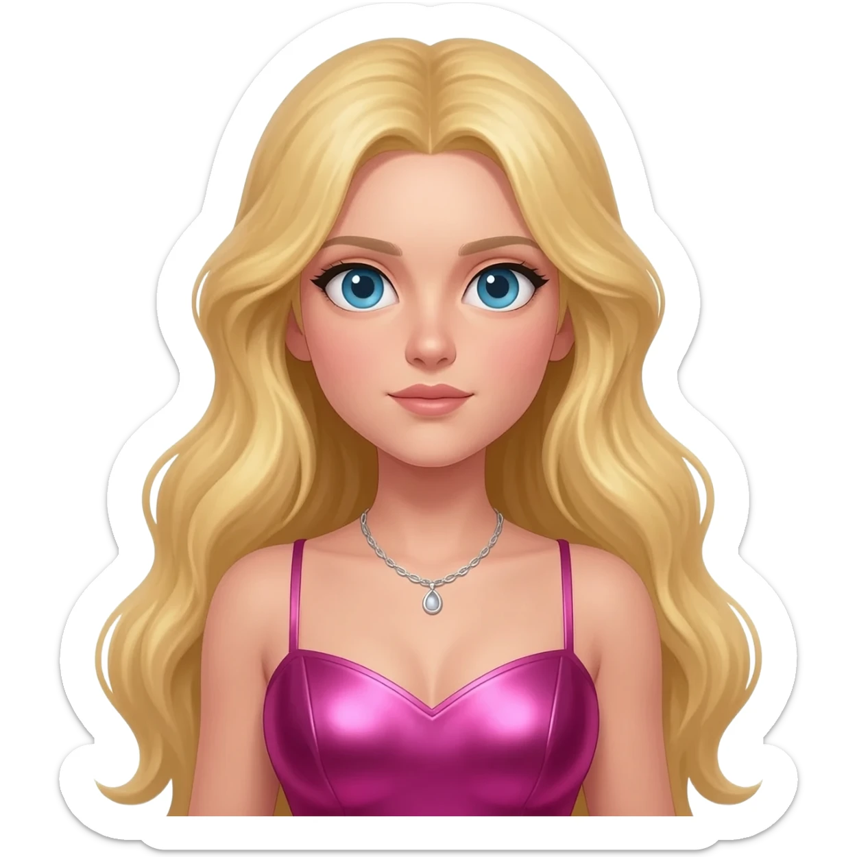 Aphrodite from Greek Mythology with blue eyes, long blonde hair, hot pink metallic sweetheart long dress, silver necklace sticker