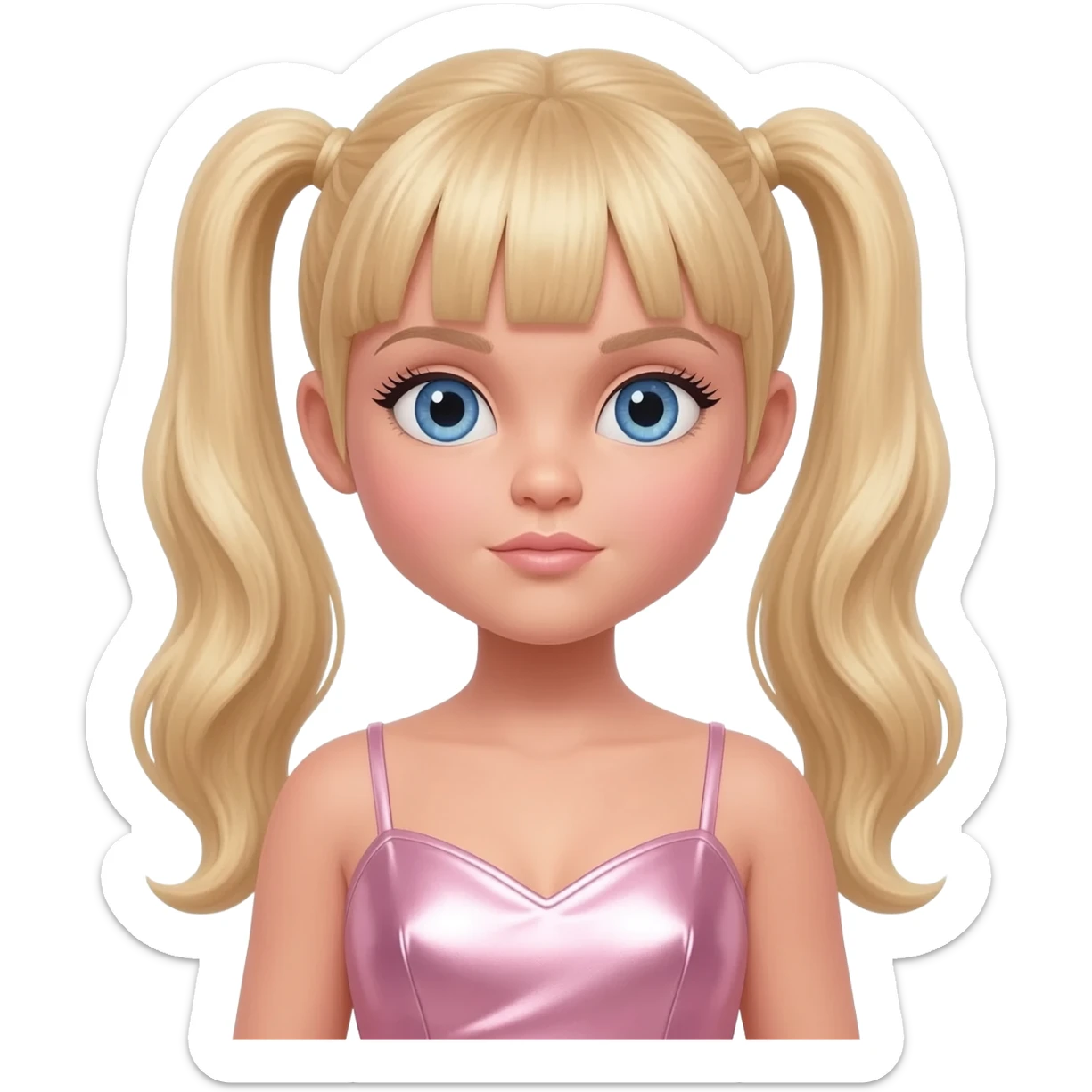 Baby Spice from Spice Girls with blue eyes, long blonde two ponytail hair with bang, light pink metallic sweetheart dress sticker