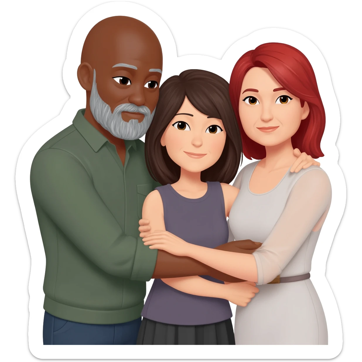 Baldheadeded black man with salt/pepper goatee hugging brunette Japanese older woman k guy with gray goatee hugging white redheaded mature woman sticker