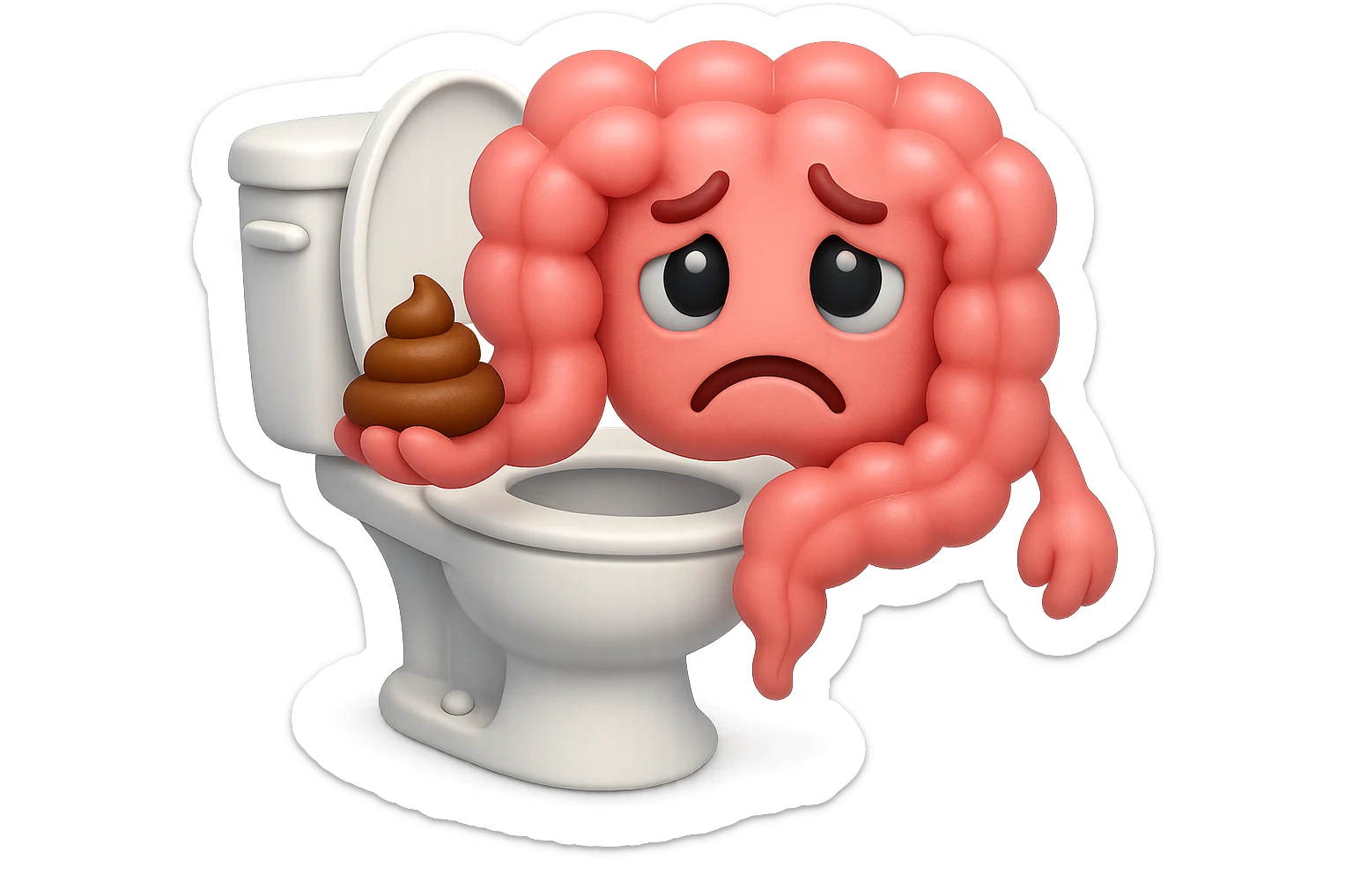 emoji stile iphone di un intestino che esce dal wc con in mano una montagnetta di feci con espressione triste a palline sticker