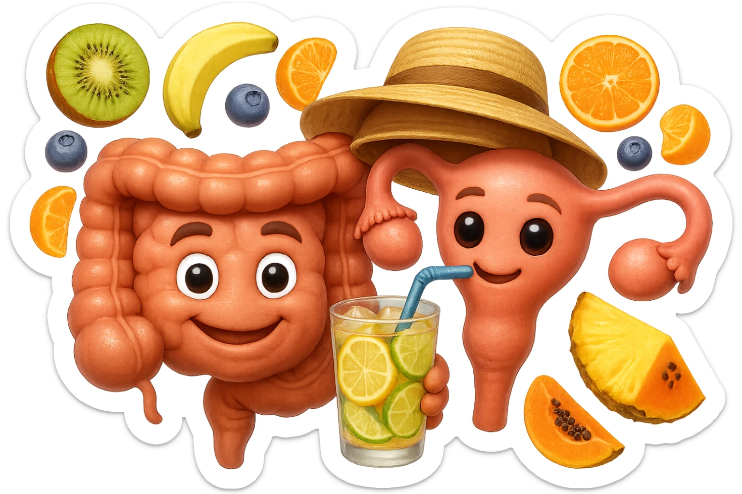 EMOJI STILE IPHONE DI INTESTINO E UTERO UMANI REALISTICI CON CAPPELLO DI PAGLIA DA SPIAGGIA CHE BEVE UN Tè FREDDO IN BICCHIERE DI VETRO CON DENTRO  fette di cetriolo, limone, lime, DIETRO L'INTESTINO FLUTTUANO PEZZETTI DI Kiwi
Banana acerba
Arance e mandarini
Mirtilli
Ananas
Papaya
IPERREALISTICO 4K sticker