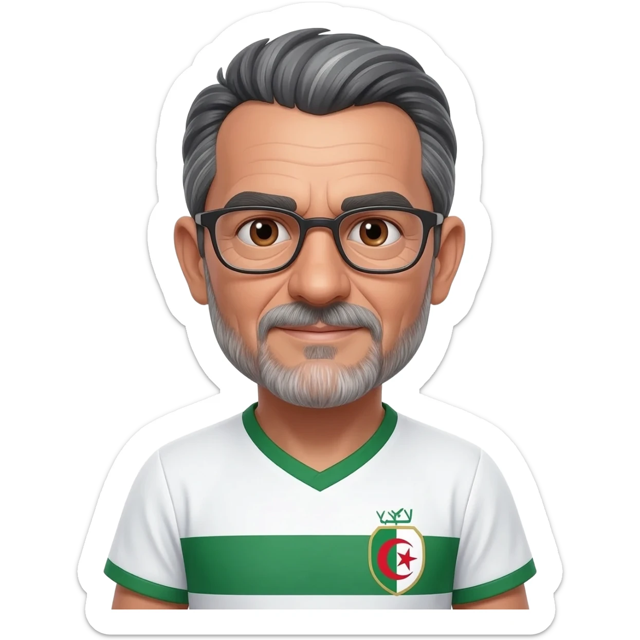 homme algérien un peau claire à lunettes yeux marrons 67 ans cheveux gris et noirs avec barbe légèrement grisonnant avec maillot blanc et vert foot Algérie sticker