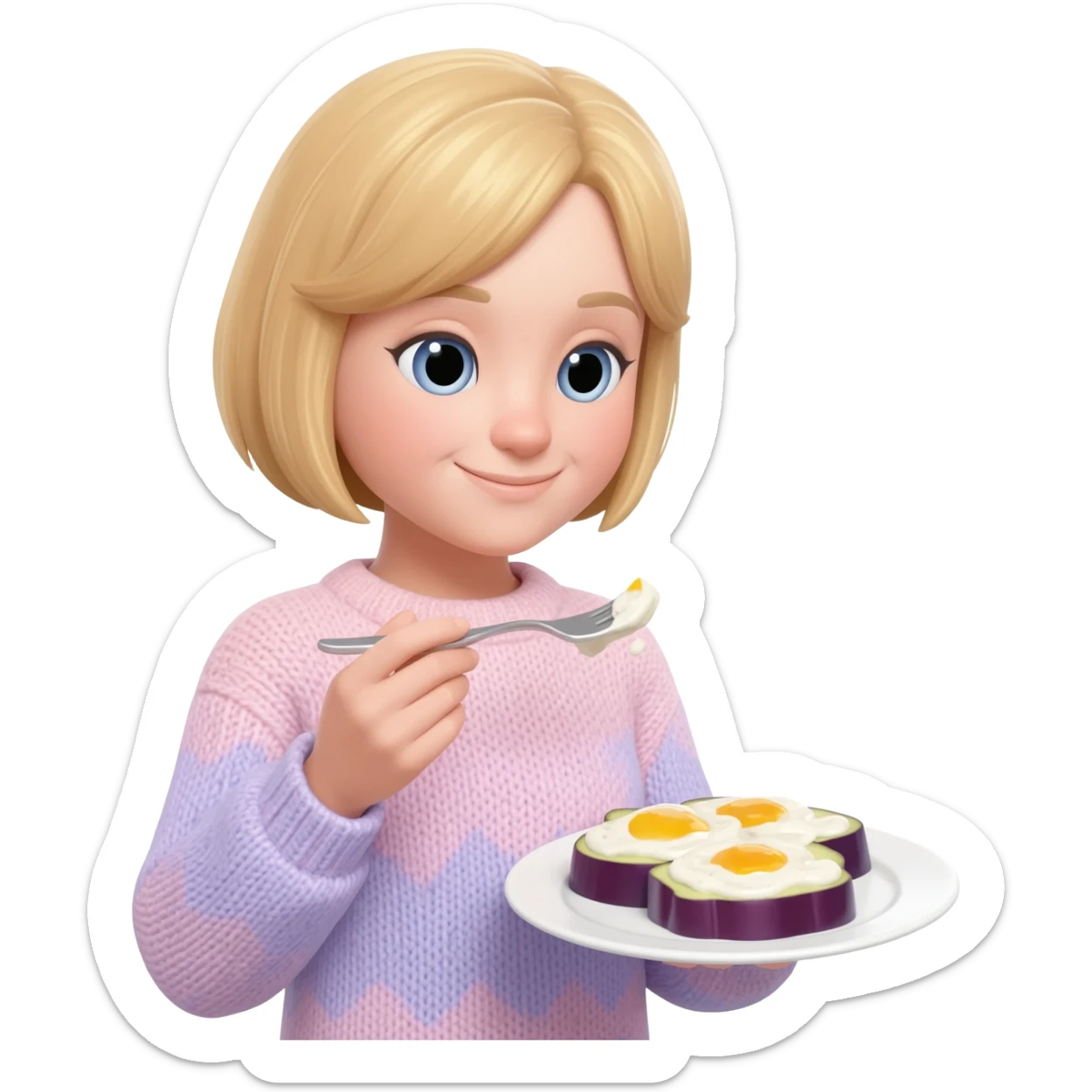Make a girl eating a eggplant with white mayo sause on it and she’s has blonde hair sticker