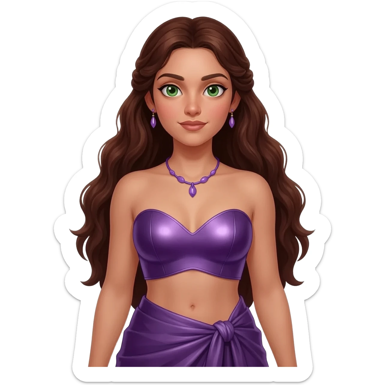 Persephone from Greek Mythology with green eyes, long dark auburn hair, deep purple metallic sweetheart crop top, deep purple metallic wrap long skirt, pale purple necklace and earrings sticker