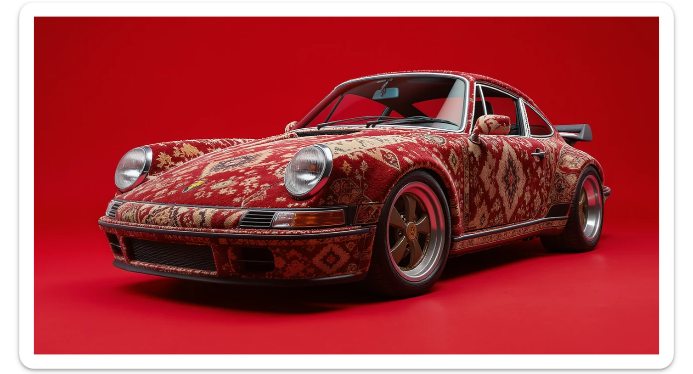 Closeup shot of a porsche 911, body of car made of russian carpet with patterns, red solid studio background, low keu light, top soft light, dutch angle,  captured by ARRI 65 sticker