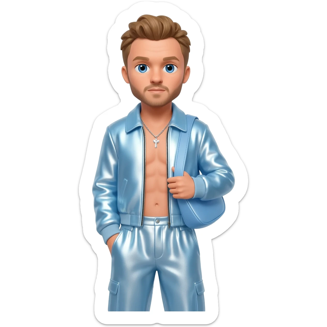 Justin Timberlake with blue eyes, light brown hair, light blue metallic jacket, light blue metallic baggy pants, shirtless with necklace sticker
